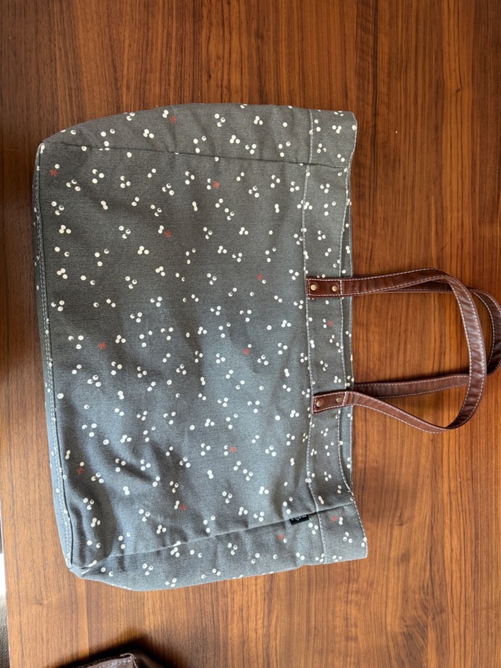 Maika Gray Dot Print Canvas Tote with Brown Leather Handles